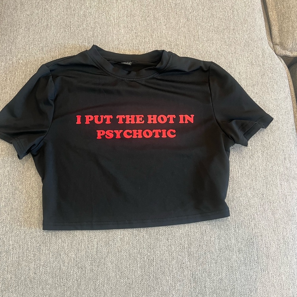 SHEIN Black Polo Crop T-Shirt with Red Text